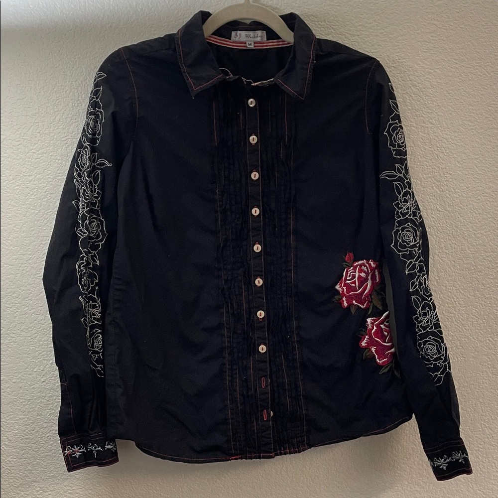 Johnny was 3j Black Shirt Embroidery western cowgirl whimsigoth 100% cotton M
